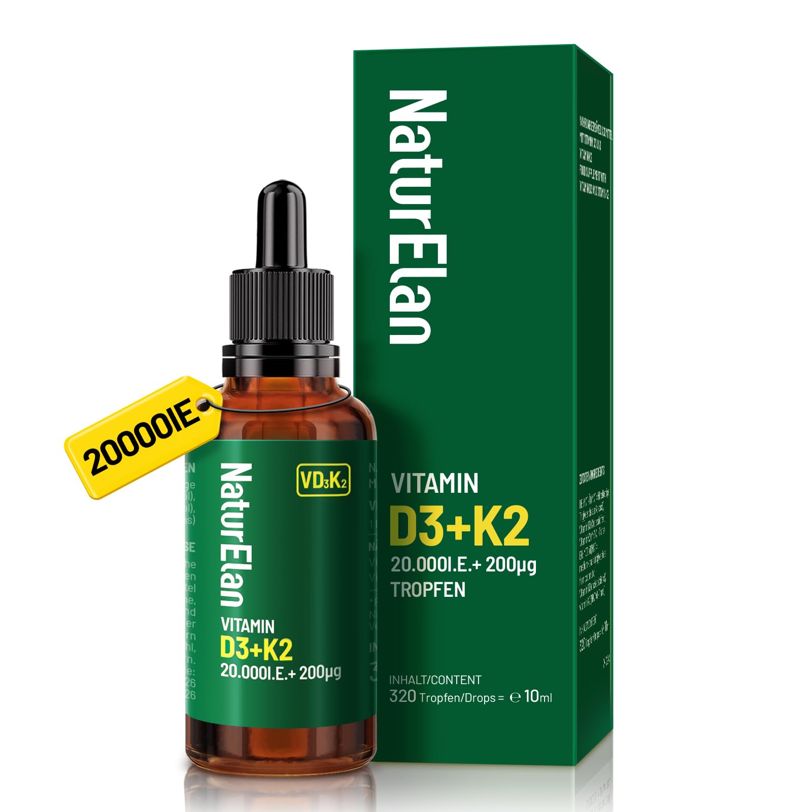 Vitamin D3 K2 hochdosiert Tropfen - 2PACK - 20000I.E. + Vitamin K2 MK7 200 mcg pro Dosis, Vegetarische, Ohne Zusätze, Laborgeprüft