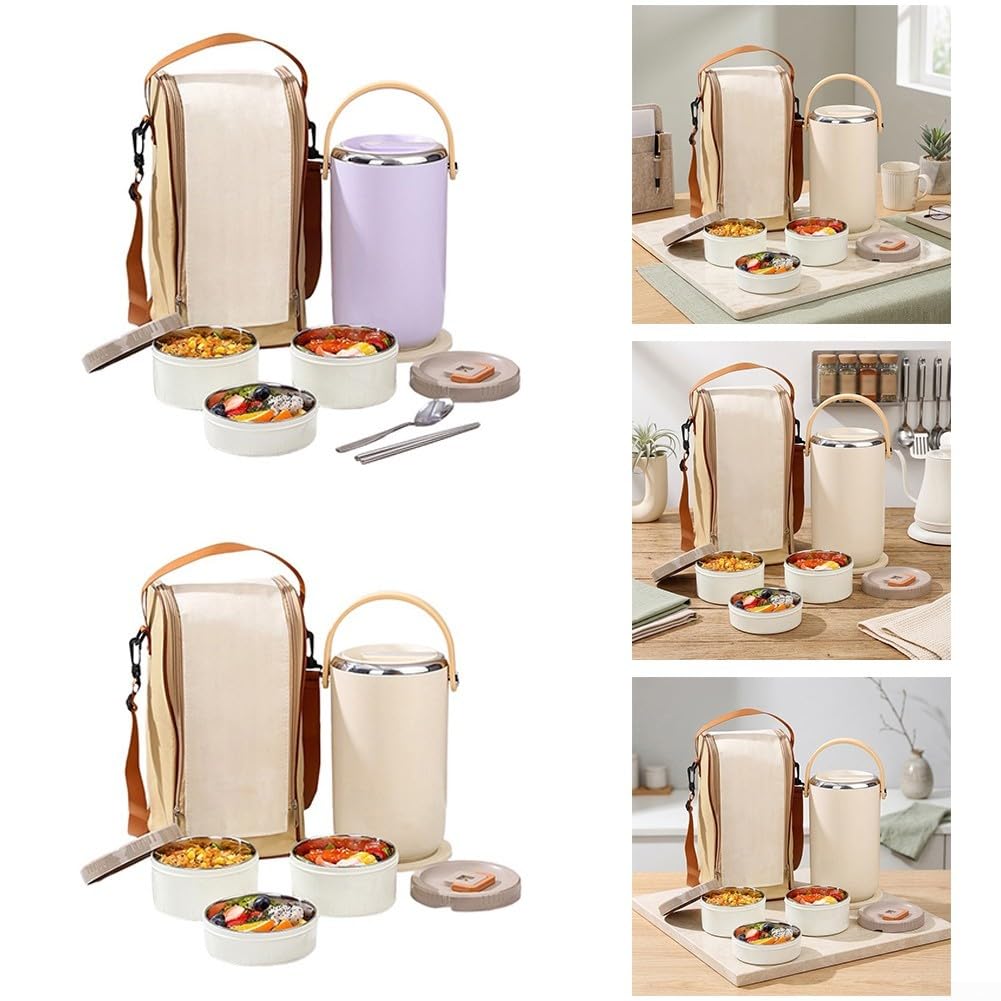 Isolierdose Edelstahl 3-Fach Lunchbox Dicht(White) | Doppelwandige Vakuumtechnik, 6-8h Temperaturhaltung, heiß oder kalt, für ideal für Mittagessen