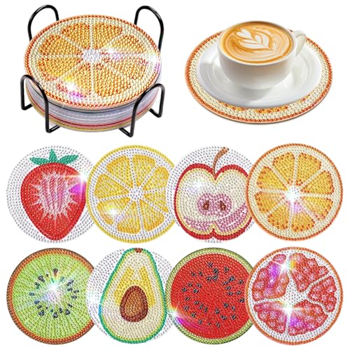 zhongko 8 Pcs Diamond Art Coasters, Crystal Decorative Fruit Pattern Art Cup Mat, Round Wooden Coasters