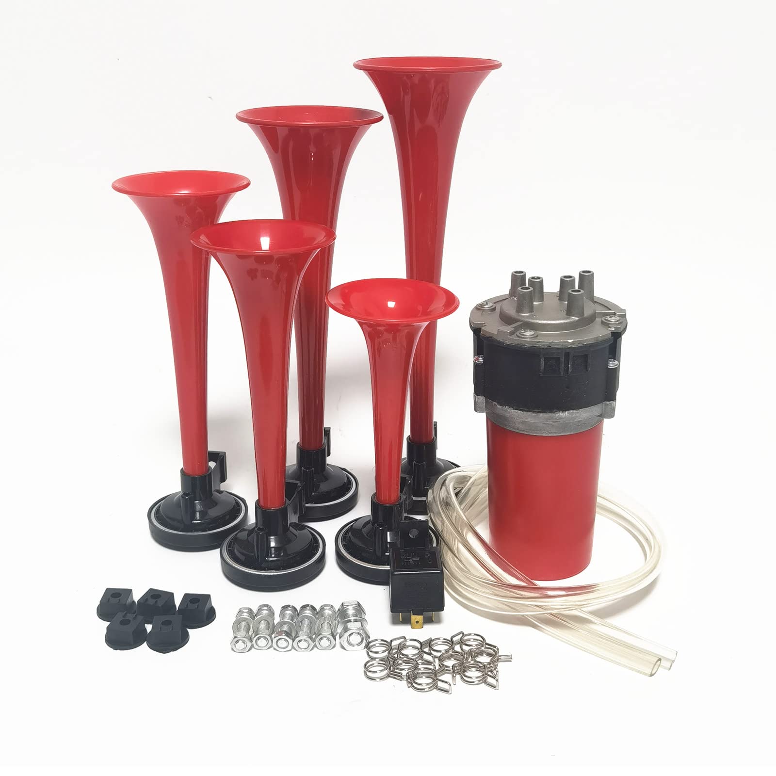 Clacson per auto Clacson Car Horn 12V Clacson per nave Tromba a cinque tubi Dixie 160db Tromba d'aria rossa Tromba per camion con altoparlante della pompa dell'aria per 12V auto camion SUV ecc