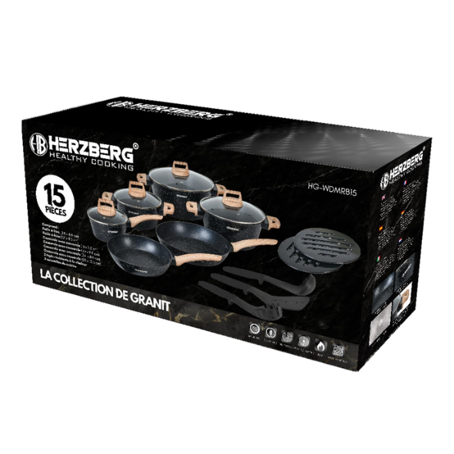 Herzberg Batterie de Cuisine 15 Pièces Aluminium Forgé HGWDMRB15, Noir | aluminium forgé, revêtement antiadhésif, couvercles en verre, ustensiles inclus, induction, lave-vaisselle