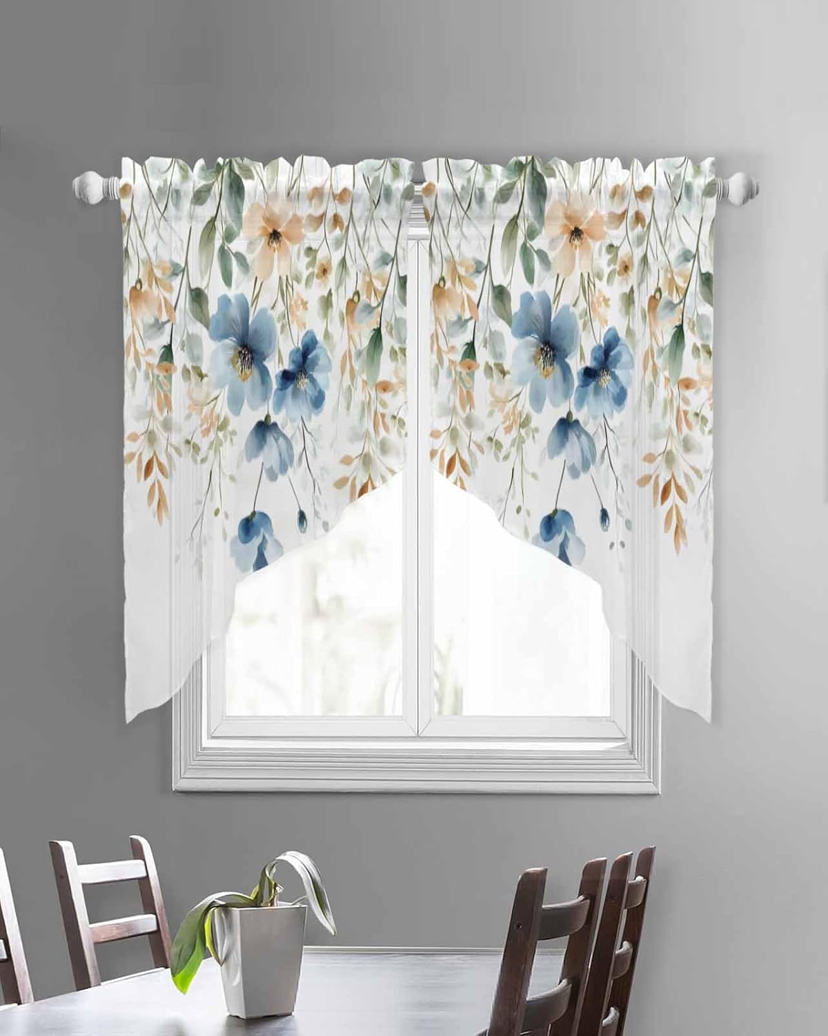 Flowers Eucalyptus Swag Curtain Valance for Kitchen Window,Botanical Blue Beige Floral Leaves Voile Sheer Tier Curtain,Watercolor Plants Rod Pocket Short Swag Topper for Small Windows 36"x36" 2 Panels
