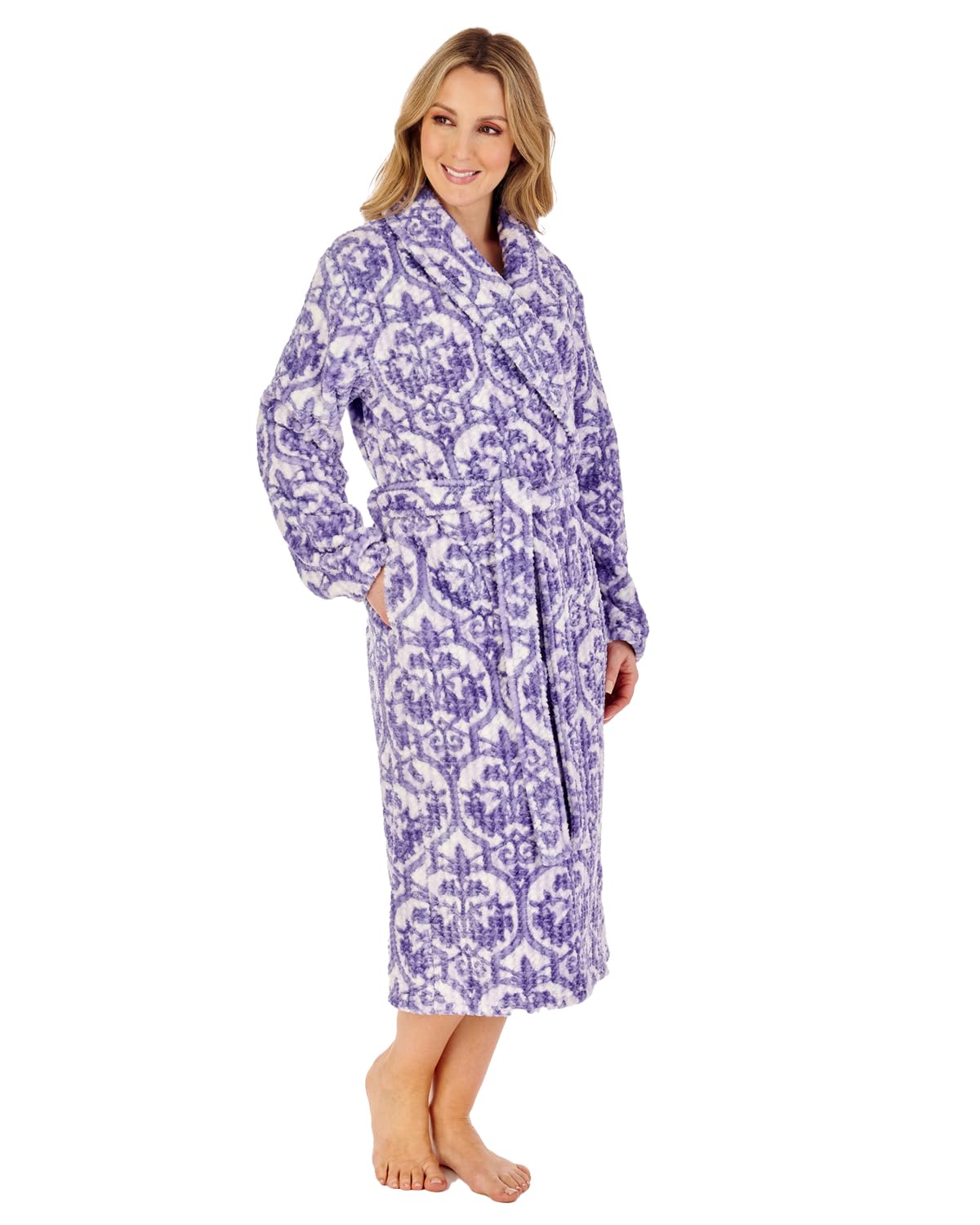 Slenderella Ladies Waffle Fleece Damask Dressing Gown Shawl Collar Housecoat Robe XXL (Purple)