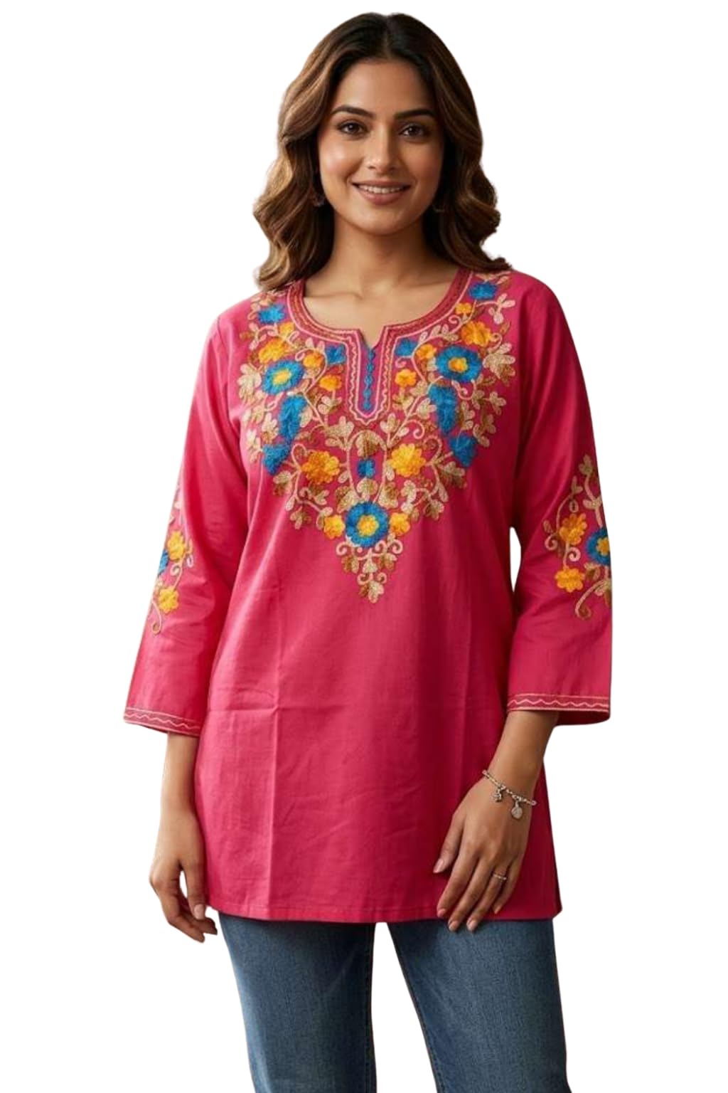 Women Rayon Embroidered Kurti Top | Floral Thread Work | 3/4 Sleeve Straight Kurti | Casual & Ethnic Wear | Festival Wear | Tunic for Women & Girls-image-42