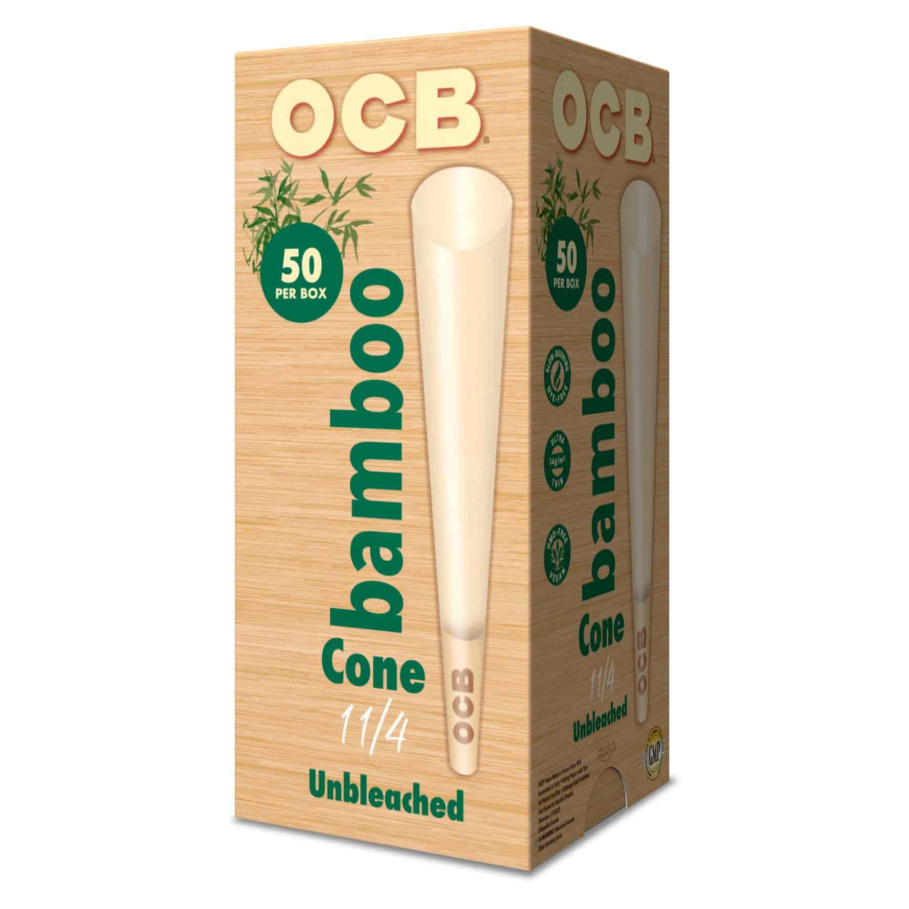 OCB Bamboo Unbleached Pre-Rolled Rolling Paper Cones 1-1/4 (84mm) Size - 50 Cones