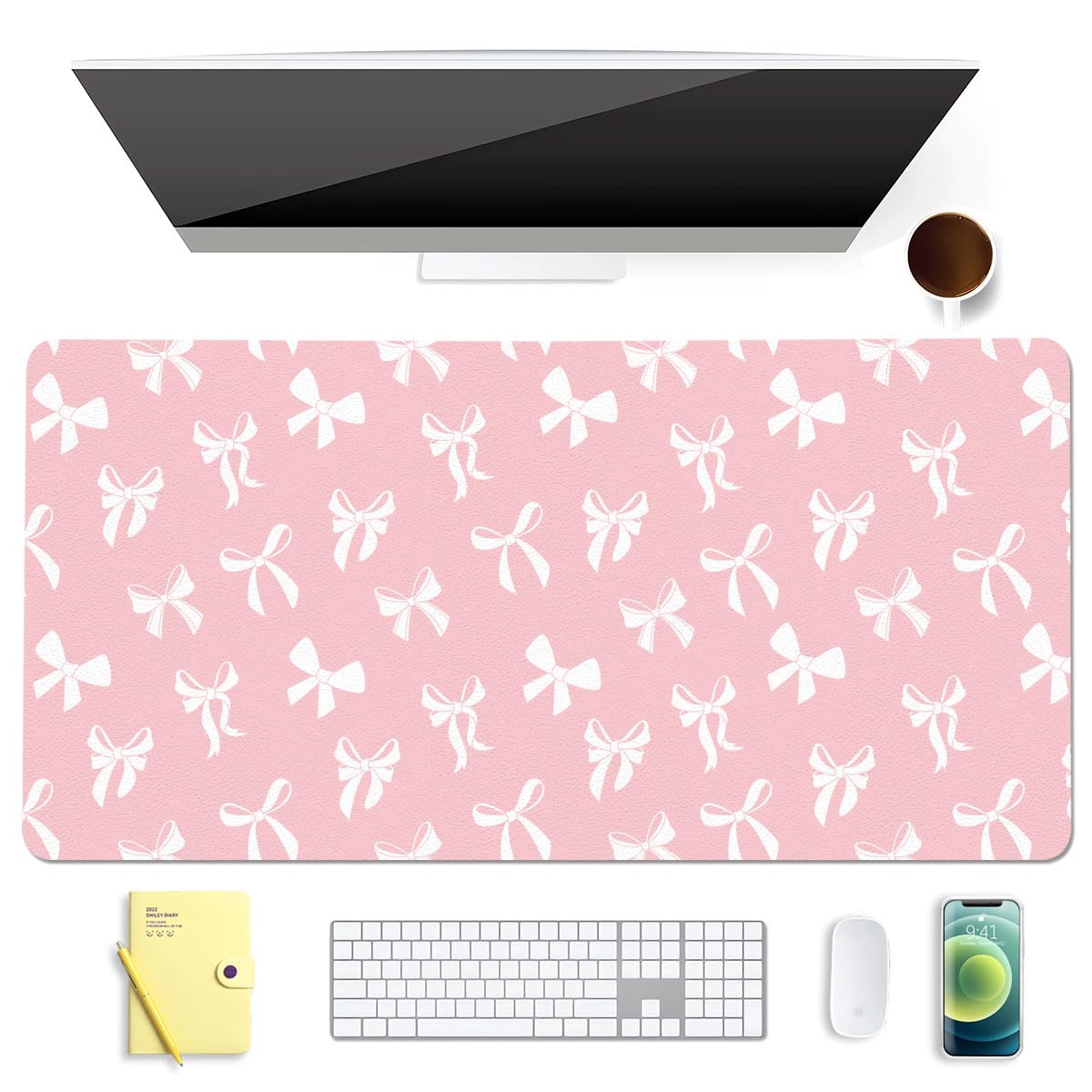 Cute Kawaii White Bow Pink Extended Gaming Keyboard Mouse Pad, Non-Slip Leather Home Office Desk Mat Protector