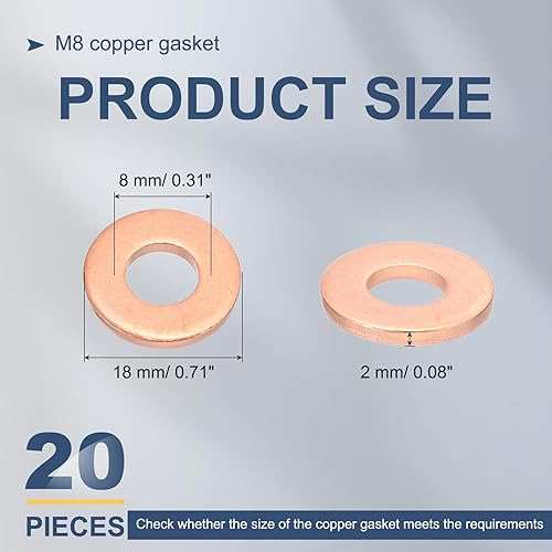 Miniatura 2 de MECCANIXITY 20 arandelas planas de cobre M8, 0.315 x 0.709 x 0.079 in, junta plana mejorada, sellado métrico, arandelas de anillo de aplastamiento