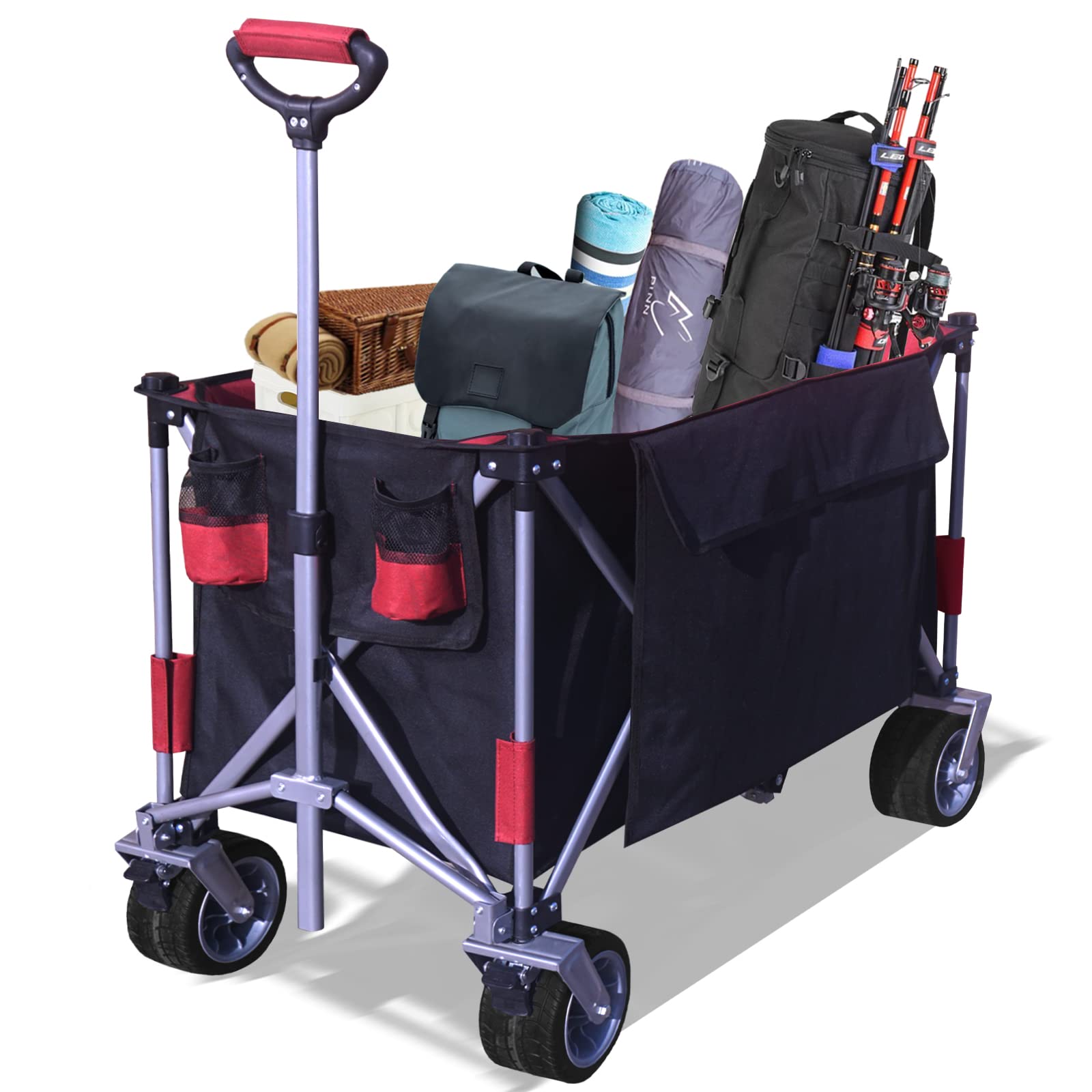 ERYAHRT Wagons Carts Heavy Duty Foldable Beach Cart with Big Wheel, Collapsible Wagon with 240L Capacity for Camping, Sports, Shopping, Black&Red