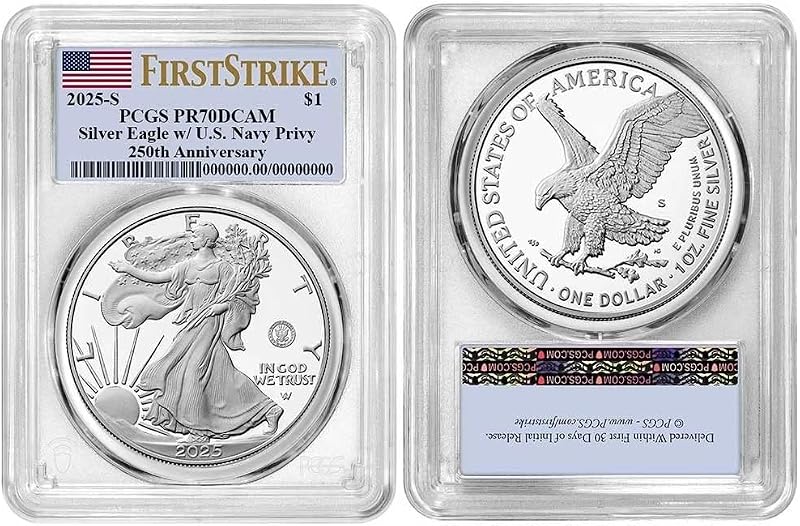 2025-S Silver Eagle $1 PCGS PR70 DCAM FirstStrike with U.S. Navy Privy, Legal Tender Proof Coin Comes With COA and Original US Mint Box