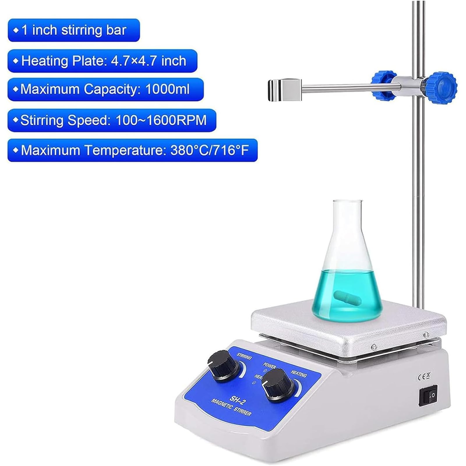 Mieszadło magnetyczne 180 W, regulacja 0-1600 obr./min, zawiera mieszadło i stojak do laboratoriów, sal lekcyjnych, badań naukowych, domu DIY
