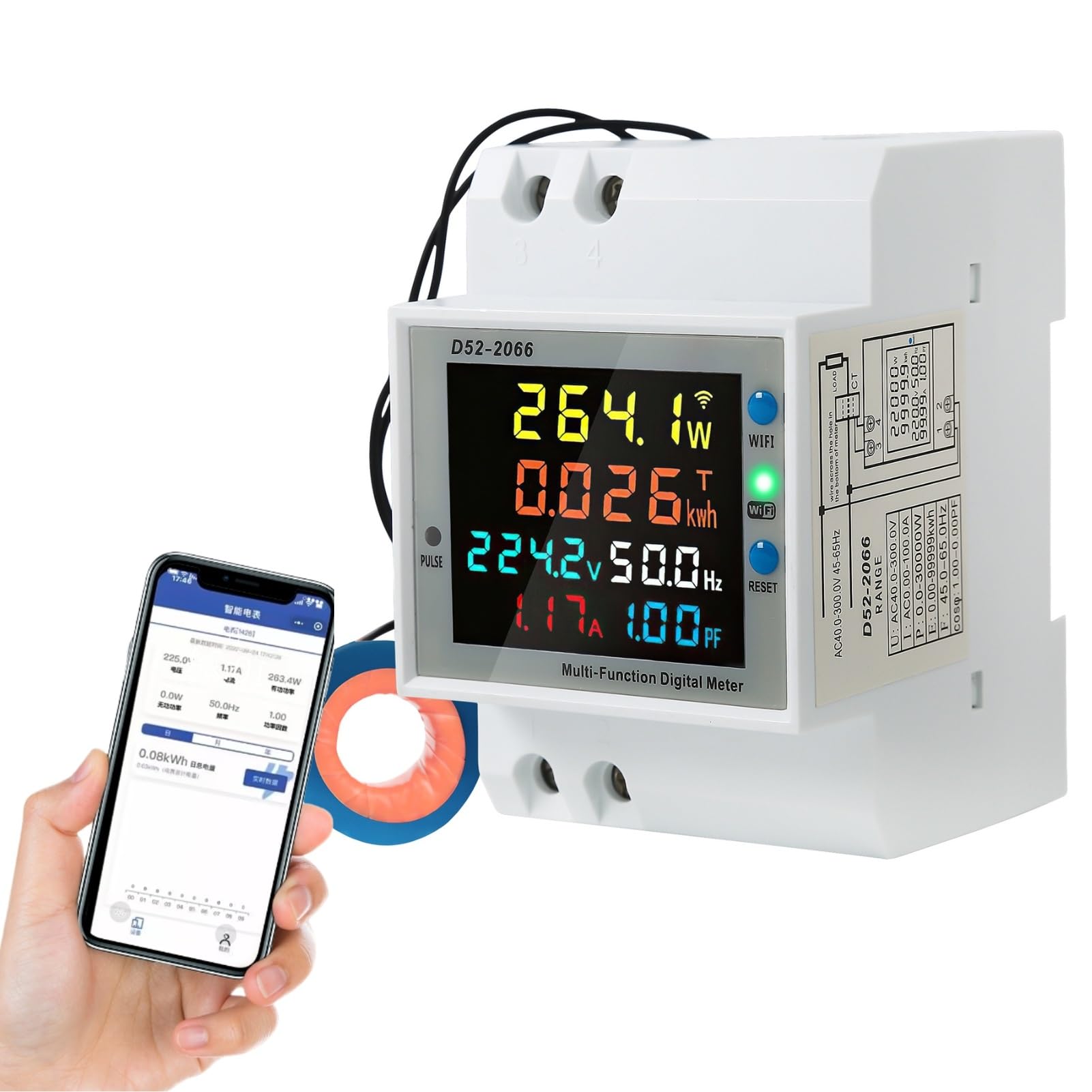 Jadeshay WiFi Compteur d'Énergie Monophasé, 6 en 1 Compteur Electrique Wattmetre Wifi LCD Voltmètre Ampèremètre Numérique pour Rail DIN Compteur KWh AC40-300V 100A(CT externe)