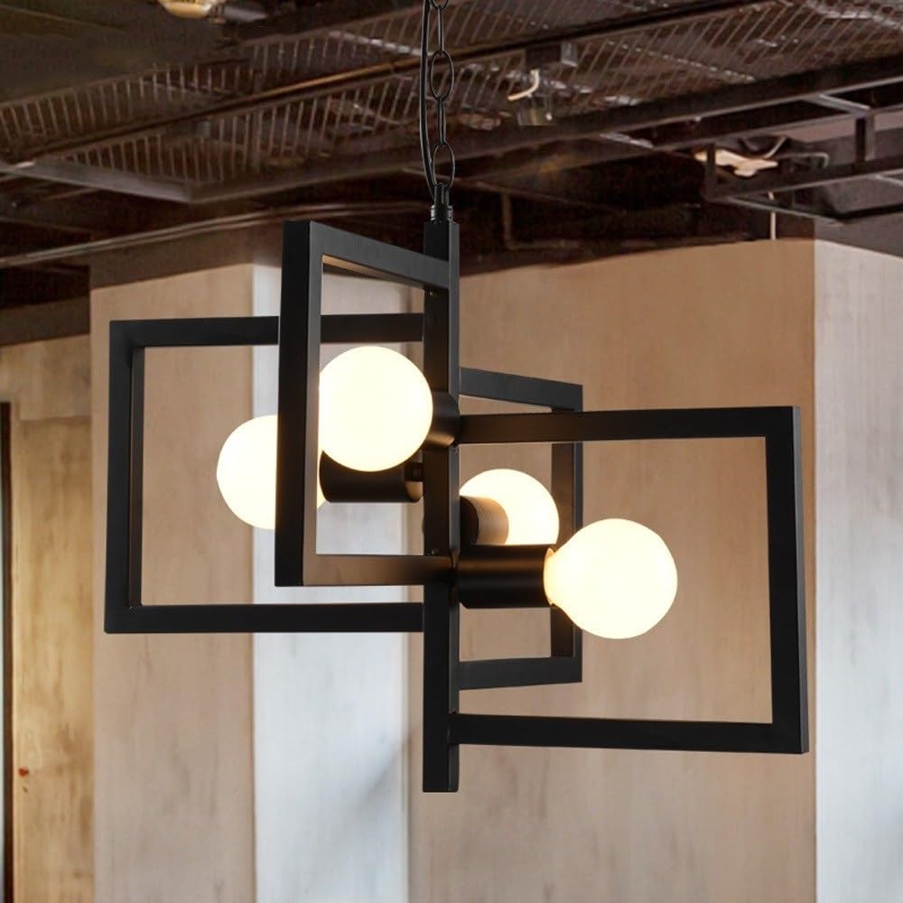 BLOOHK Modern Industrial 4-Light Lantern Chandelier, Black Wrought Iron Hanging Pendant Light Retro Cage Ceiling Fixture for Kitchen Island, Hallway & Foyer