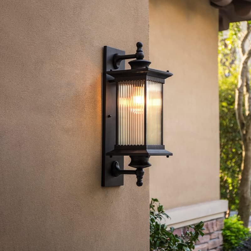 HL HOMELIGHTING Outdoor Wall Lantern Light, Brown Finish, Ribbed Glass Shade and Black Hanging & Gate Light (Half Wall, 1) (Wall Light, 1)