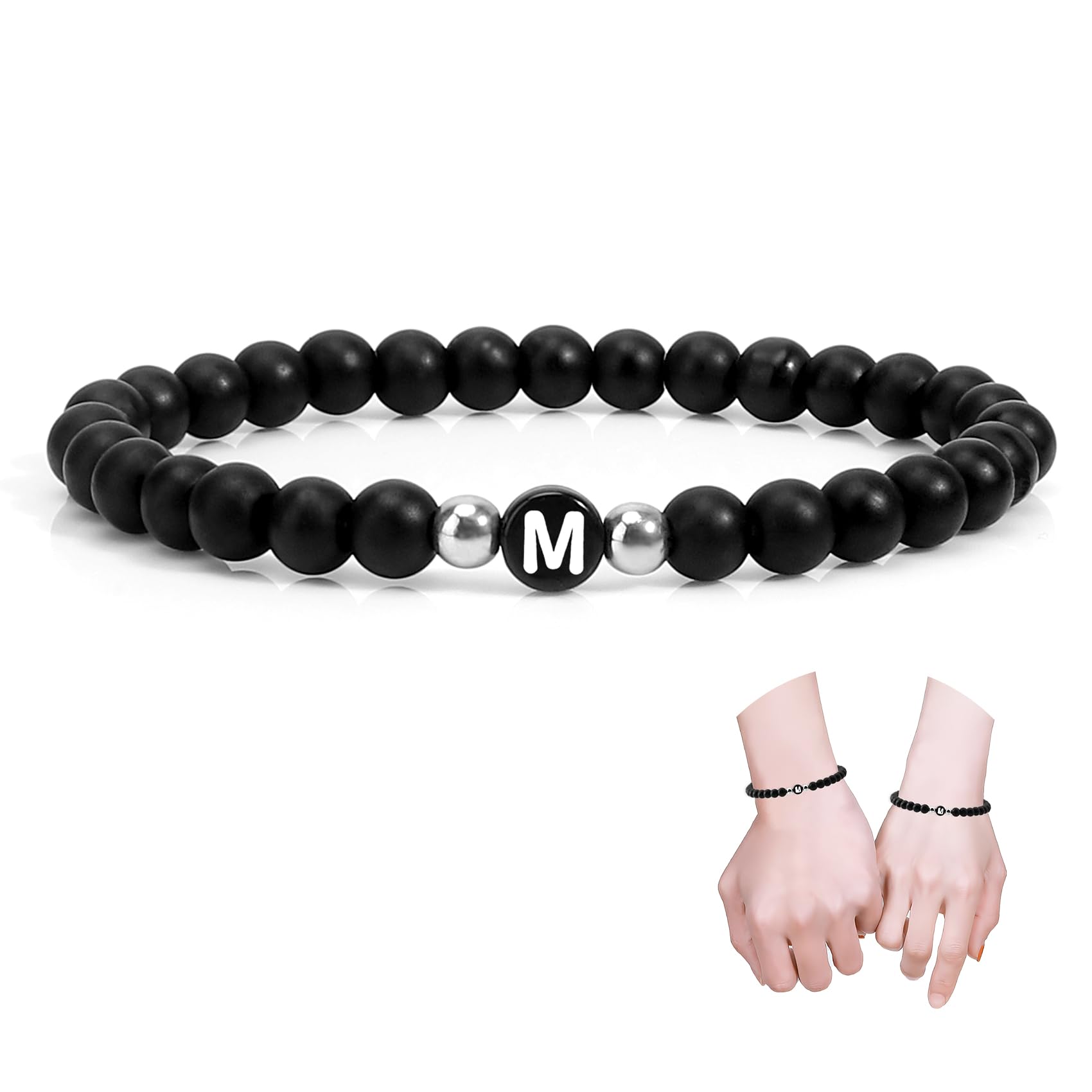GuardiaTechInitial Bracelets for Women Men Couples Black Onxy Letter A-Z Beads Bracelets for Girlfriend Boyfriend Wife Husband