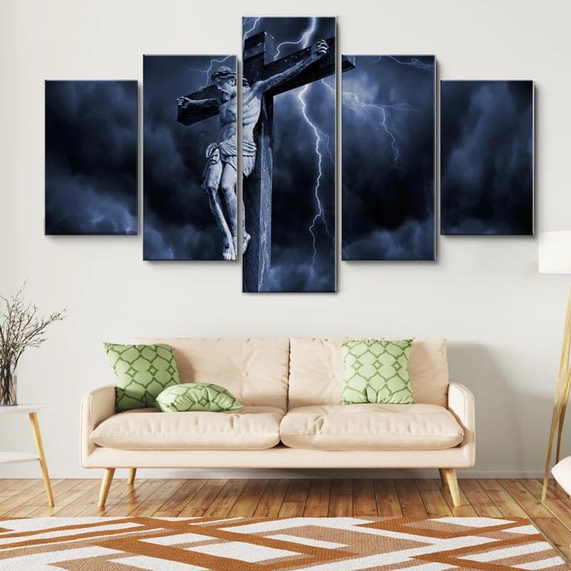 RAPSANI Mit Rahmen Leinwandbild 5 TLG Kunstdruck,Christus am Kreuz Beleuchtung Bilder auf Leinwand 5 TLG Vlies Wandbild,Leinwand Gemälde xxl,Tapete,Puzzle,leinwanddrucke,5 Stücke Bilder 125x60cm