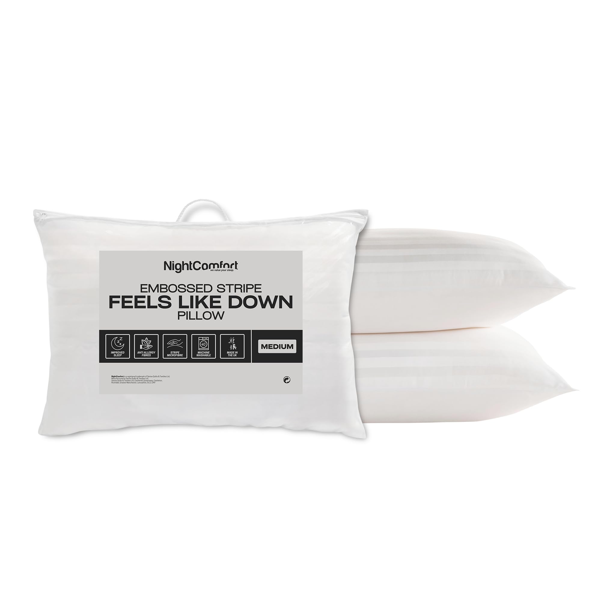 Night Comfort Medium Support Satin Stripe White Pillow - Hypoallergenic Microfibre Pillows For Side Sleepers, Filled With Bouncy Hollowfibre, Big Pillows For Bed (Pack Of 2)