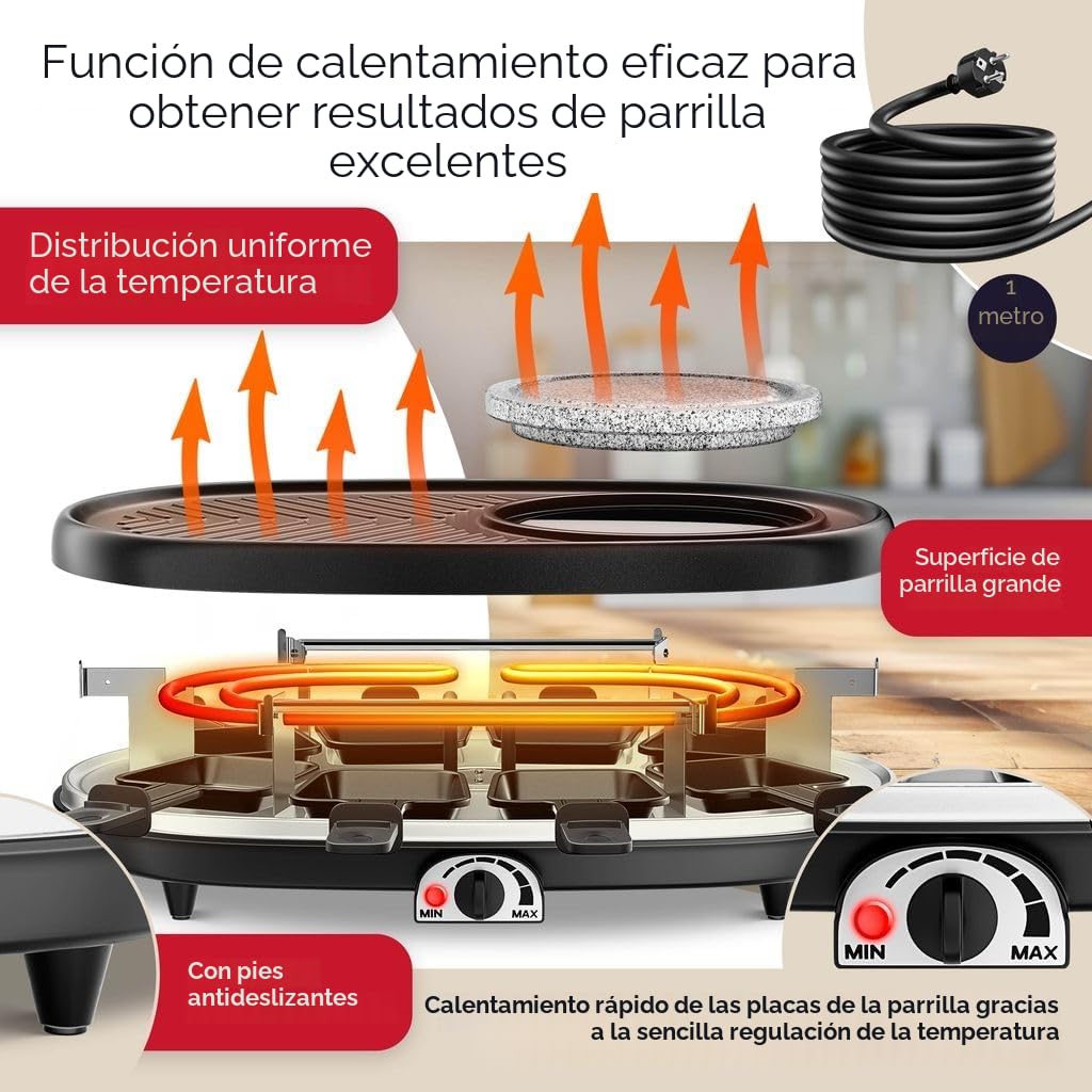 KESSER® 3 en 1 Raclette grill con piedra natural antiadherente, placa de parrilla y fondue, parrilla eléctrica de mesa para 8 personas.