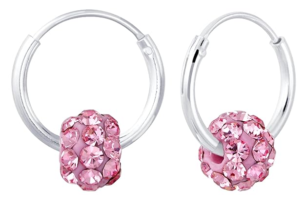 Aww So Cute 92.5-925 Sterling Silver Crystal Ball Charm Hoop Earrings for Kids Girls Pure Silver (ER1698)