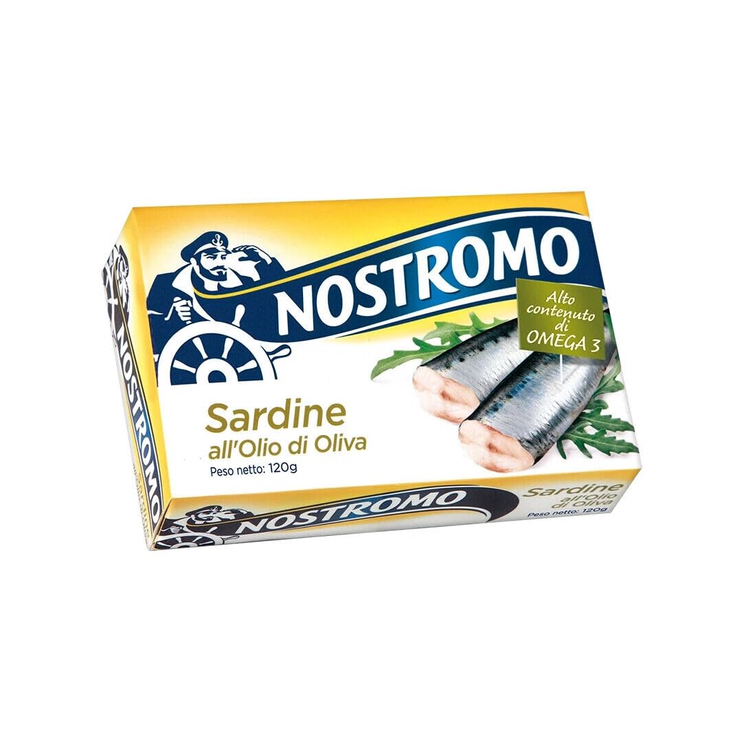12x Nostromo Sardine all'Olio di Oliva,sarde in olio d'oliva, Pesce in Scatola,Lattine da 120g + 1 Confezione di Talco Felce Azzurra in omaggio, Busta da 100g