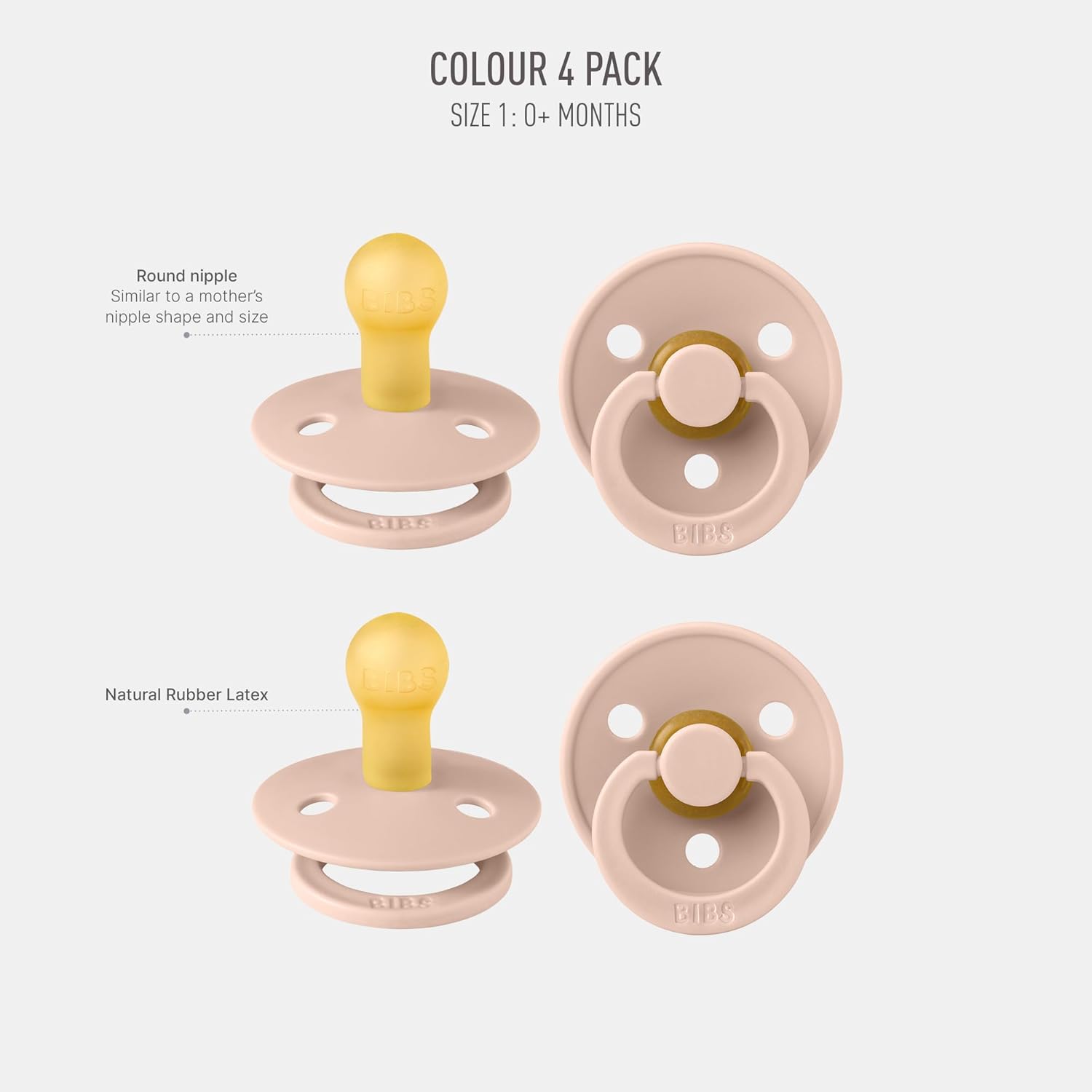 BIBS Pacifiers - Colour 4-Pack | BPA Free Baby Pacifier | Round Nipple Binkies | Natural Rubber Latex Soother | Made in Denmark | Size 1 (0-6 Months) | Blush