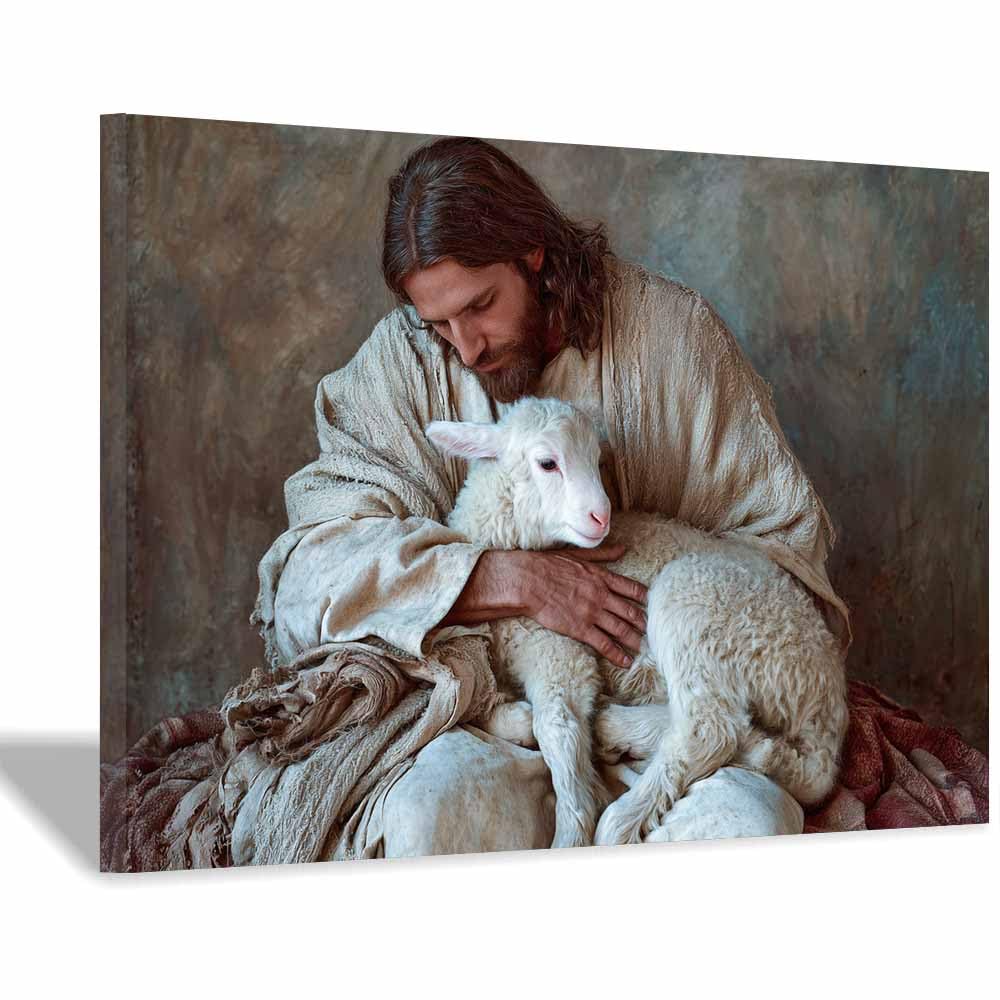 ZAMAEIU Christ Religions Canvas Wall Decor Embracing a lamb Modern Abstract Religious Posters Prints for Living Room Bedroom Church Home Decoration(white)-80x120cm Framed