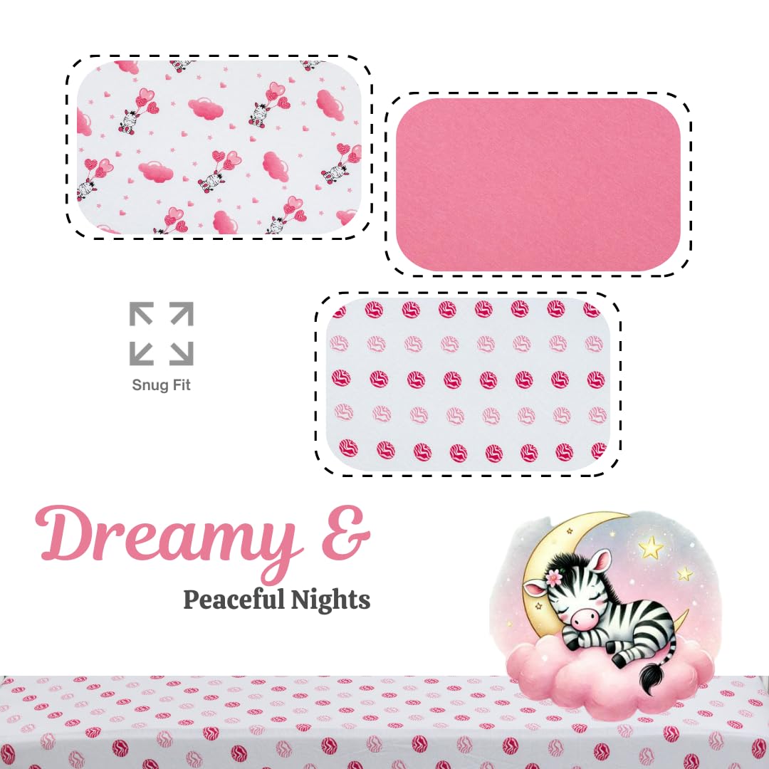 JABMARS Sábanas para cuna (paquete de 3) – Sábanas bajeras de algodón suave para cuna de bebé | Bonitas sábanas y colchón de cama infantil | Juego de ropa de cama para cuna de bebé niña | Cebra rosa