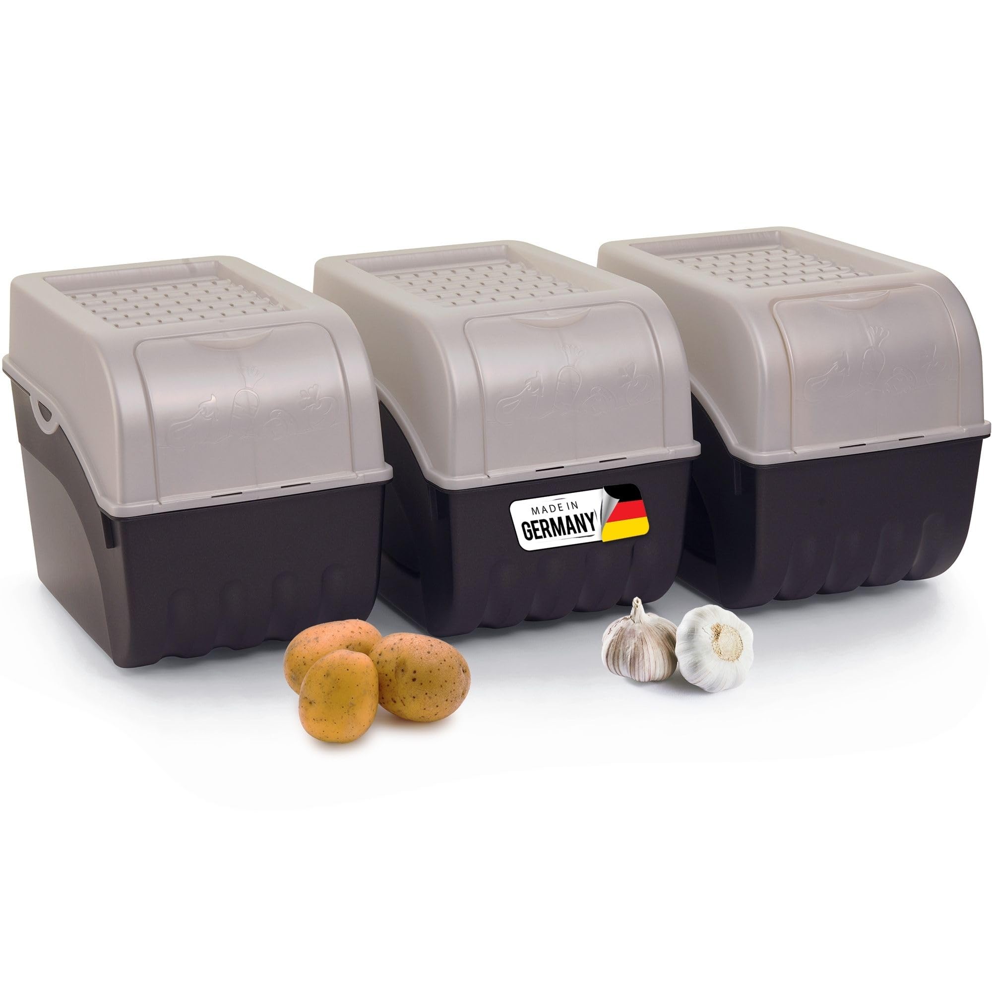 Novaliv Kartoffel Aufbewahrungsbox | 3x groß 9L | PERLMUT Weiss | Kartoffelbox | Gemüsebox stapelbar Zwiebelbox Kartoffelkorb Obstbehälter Kartoffelkiste Zwiebel Aufbewahrung Frischhaltedose Möhren