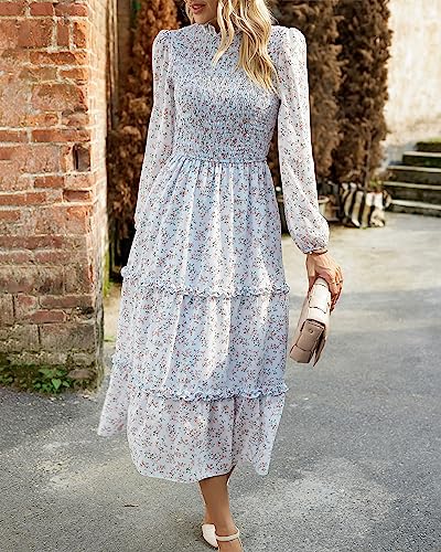 Image of NOLLSOM Women 2026 Spring Dress Floral Boho Dress Casual Long Sleeve Crew Neck Ruffle A-Line Flowy Wedding Guest Maxi Dresses