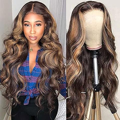 VIPbeauty 22 Inch 4/27 Highlight Lace Front Body Wave Human Hair Wig For Black Women Middle Parting Brown To Blonde Piano Ombre Seamless 13x6x1 T Part Frontal Pre Plucked With Baby 150% Density Cover