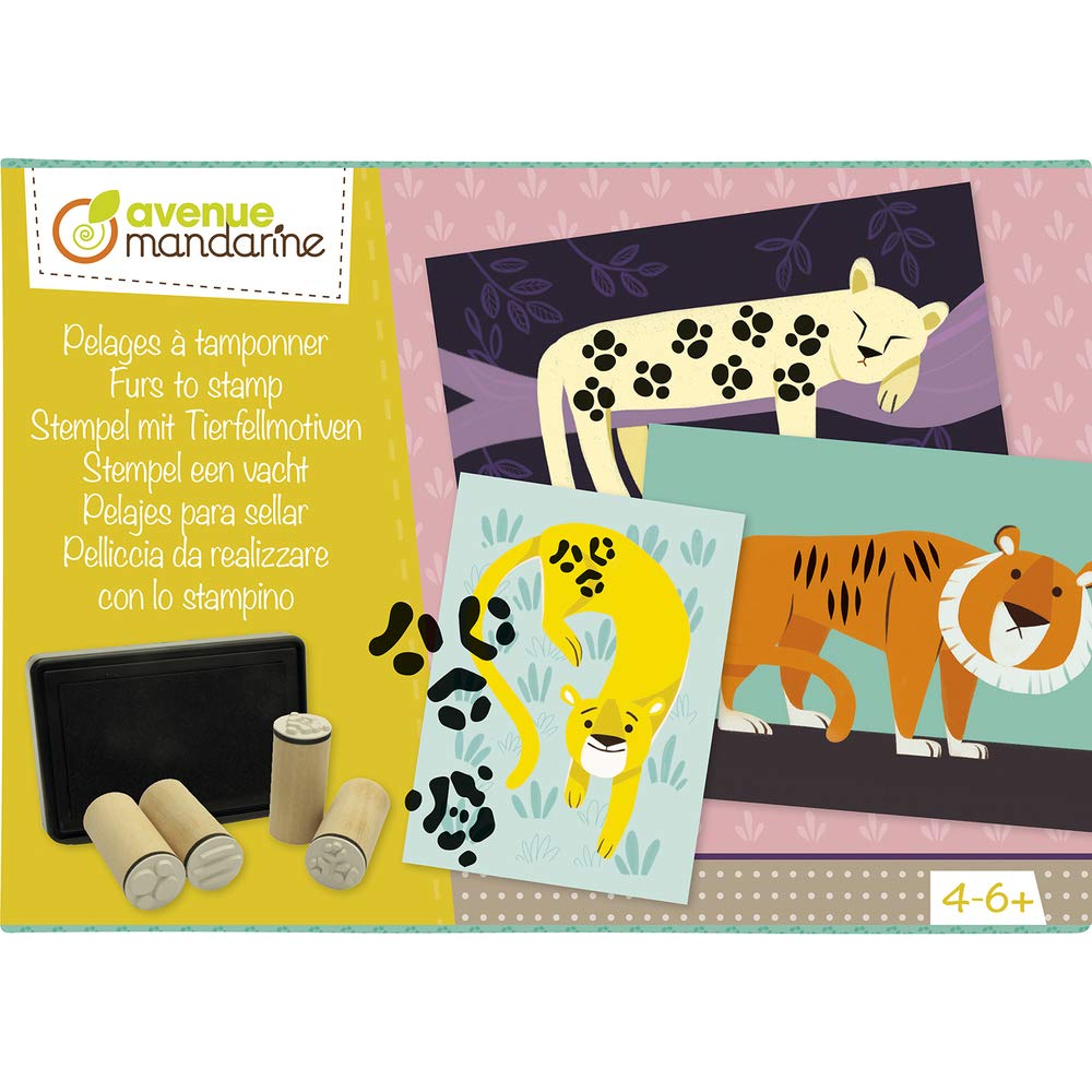 Avenue Mandarine - Ref KC077C - Creative Box - Fur Patterns to Stamp - 5 Pre-Printed Drawings of Animals to Stamp, 21 x 15cm, 10 Stamps, Black Ink Included, Suitable for Ages 4-6+