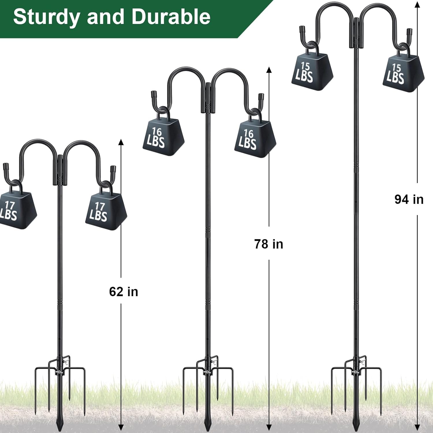 Garden Schäferhaken, 170cm Heavy Duty Garten Doppelhaken Mit 5 Prong Rust Resistant Base Shepherds Crook Hook, Vogelfutterspender Stange für Pflanzenkörben, Laternen/Mattschwarz