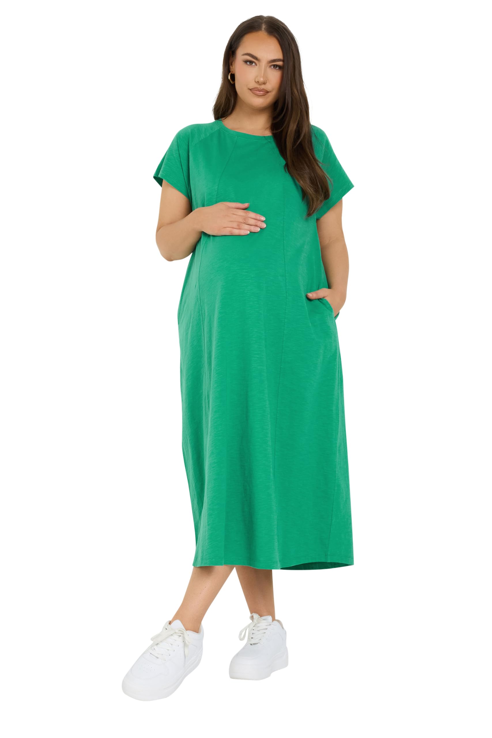 Yours Women's Green Bump It Up Maternity Curve Soft Cotton Pocket Midi Swing Dress - Plus Size Curve