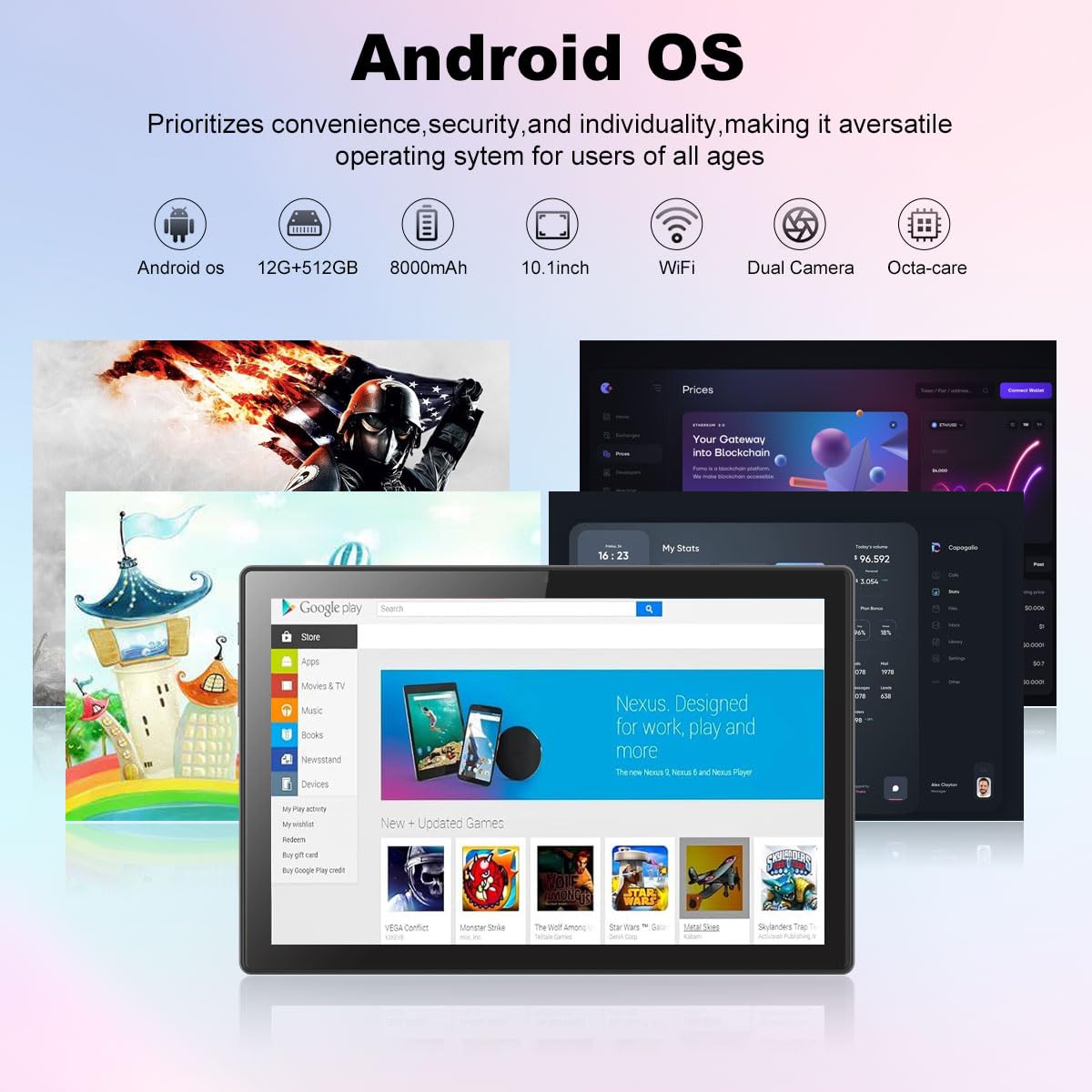 Crelander Tablet Android 13 10,1 pollici, SIM Card 4G LTE, 12 GB + 512 GB, 8000 mAh, doppia
