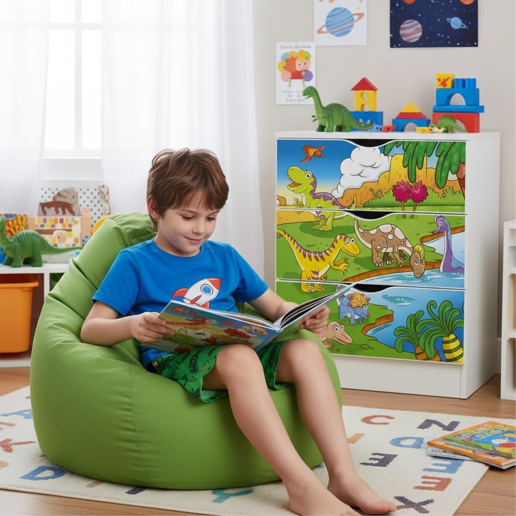 leomark cassettiera in legno 60 x 42 x 78 cm, comò con cassetti Roma, armadietto per camera da letto casa, scuola materna, asilo nido, stile scandinavo, mobiletto con stampa UV Dinosauri