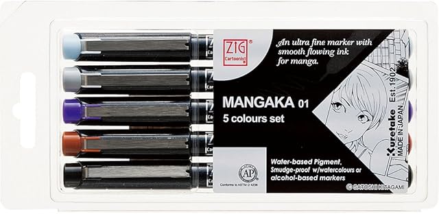 Kuretake CNM-01/5V Zig Cartoonist Mangaka 01, 5 Color Marker Pen Set