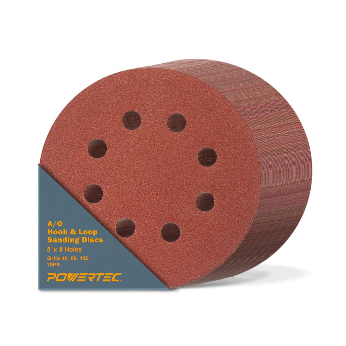 POWERTEC 75PK, 40/80/120 Grits, Sanding Discs 5 Inch - Hook and Loop, 5 Inch 8 Hole Aluminum Oxide Sandpaper Discs, Woodworking Sanding Pads for