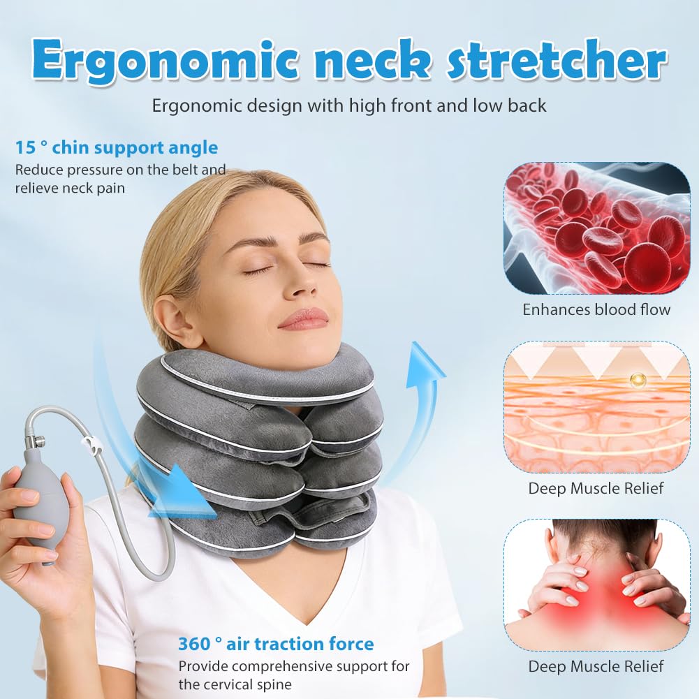 Collare Cervicale Gonfiabile, Cuscino Cervicale Gonfiabile a 3 Strati Estensibili, Collare Ortopedico Rimovibile con Supporto Mento, per Sollievo Dolori Cervicali, Tessuto Traspirante