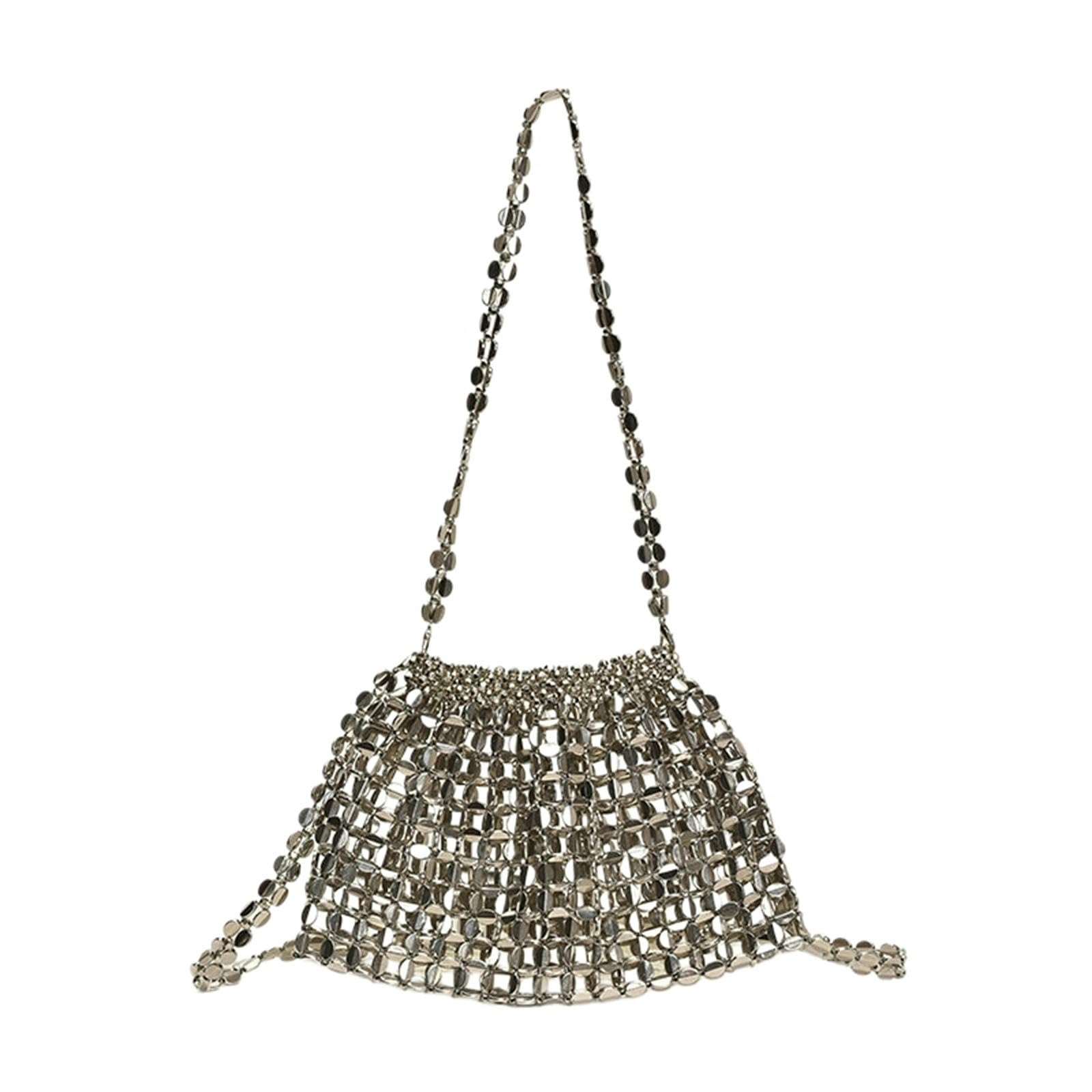Borsa Semplice Sottobraccio da Donna con Catena di Perline Intrecciate-Grande Argento