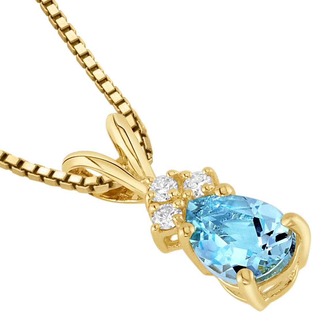 PEORA Solid 14K Yellow Gold Aquamarine with Diamonds Pendant for Women, Genuine Gemstone Dainty Teardrop Solitaire, Pear Shape, 7x5mm, Blue Aquamarine Necklace, March Birthstone Necklace