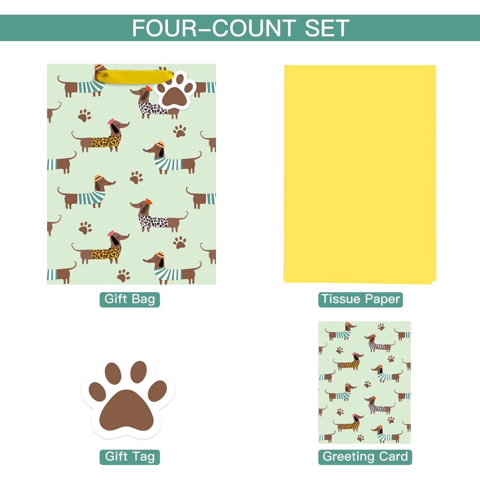 Loveinside Dachshund Gift Bag for Boys Girls, Cut Sausage Dog Dressed-Up Design with Paw Prints, Green Medium Gift Bag with Tissue Paper, Tag, Card for Birthday, Pet Party, 10" x 5" x 13", 1 Pcs