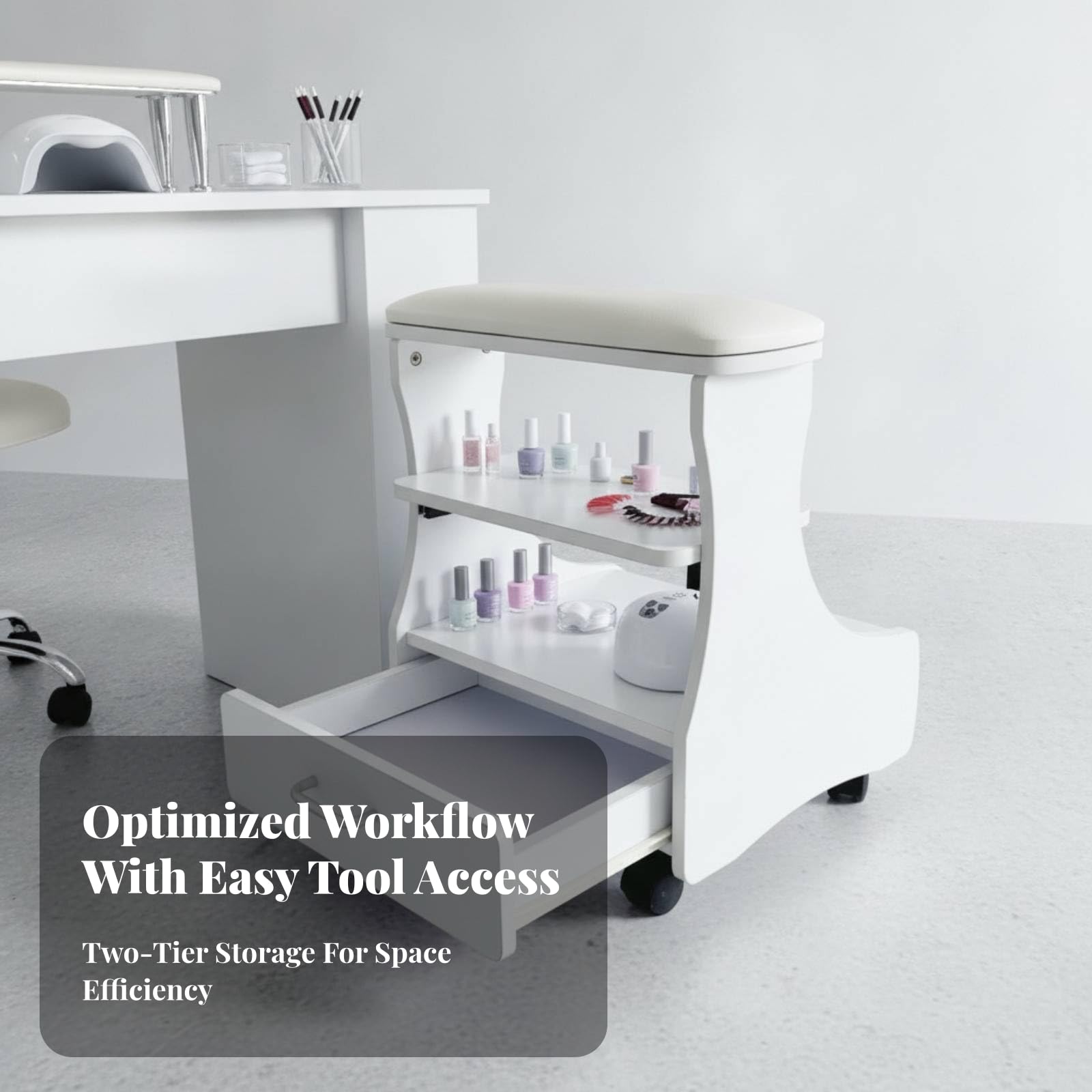 Sgabello per Pedicure con Ripiano | Compatto, Salvaspazio, Sedia per Pedicure, Centro Estetico, Casa, Estetiste, Onicotecniche,