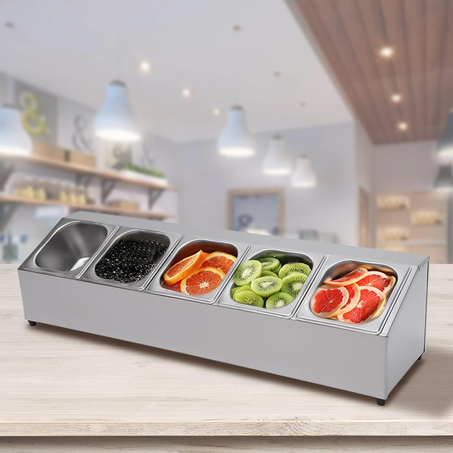 Pizza Toppings Station Storage Condiment Organizer Divider Food Container with 5 Pans & Lids, Stainless Steel Kitchen Condiment Divider Pizza Prep Ingredients Holder, Grill Table Serving Tray - Image 2