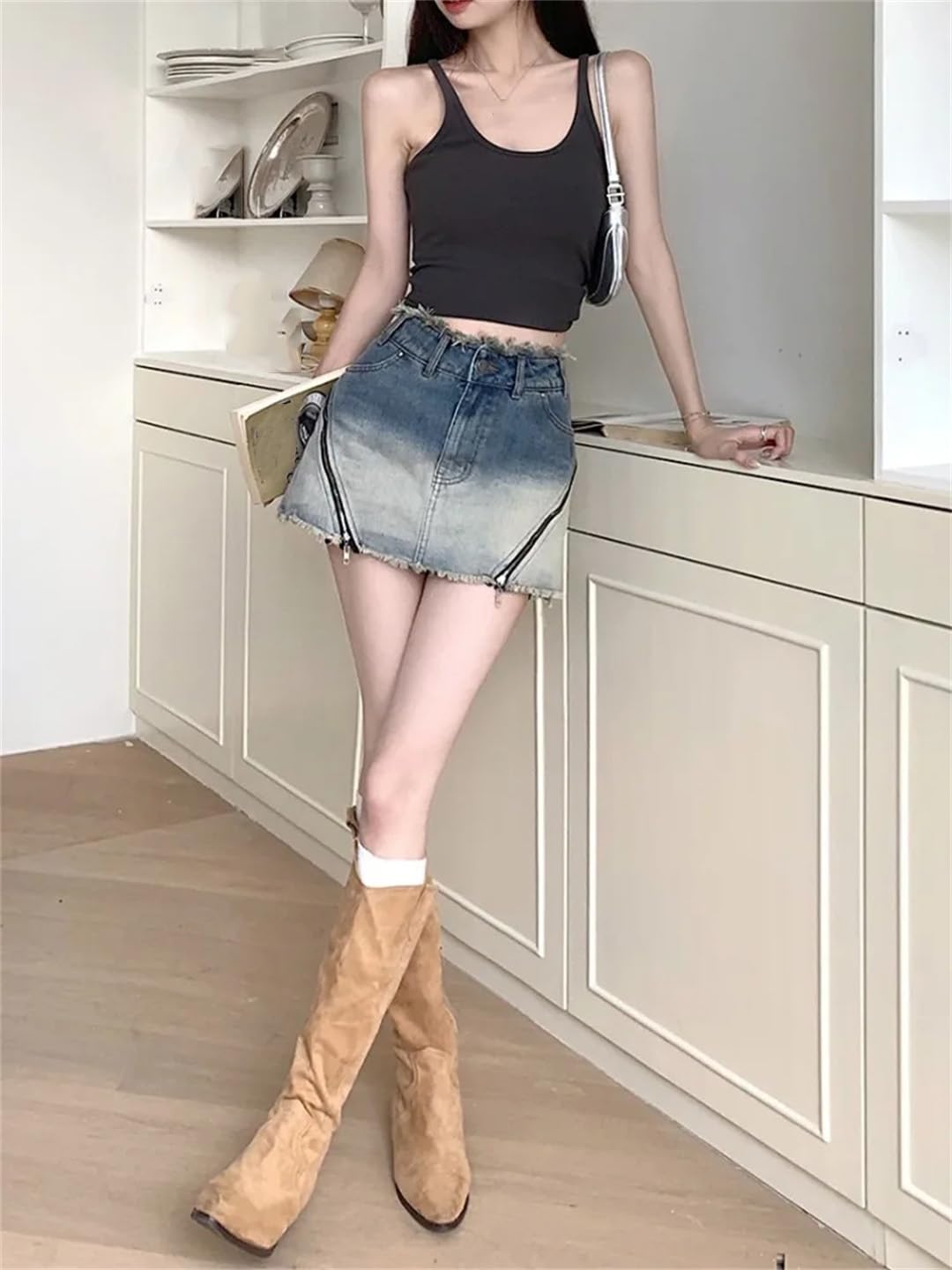 Gonne di jeans da donna a vita alta con cerniere a vita alta impiombata gamba larga A-Line Mini gonne di jeans