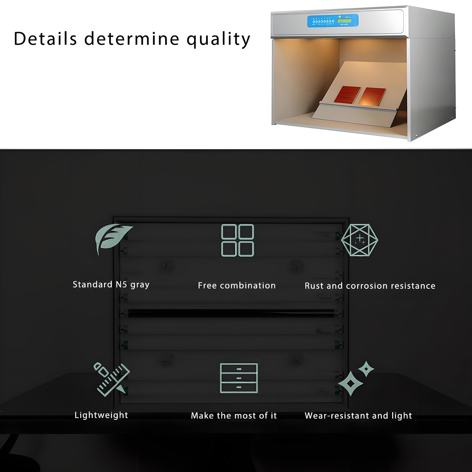 Armoire de Correspondance des Couleurs de la Source à 6 lumière - D65 / TL84 / F/UV/CWF / U30 Boîte à LED avec commutateurs individuels et journalisation d'enregistrement, 695 × 552 × 502 mm