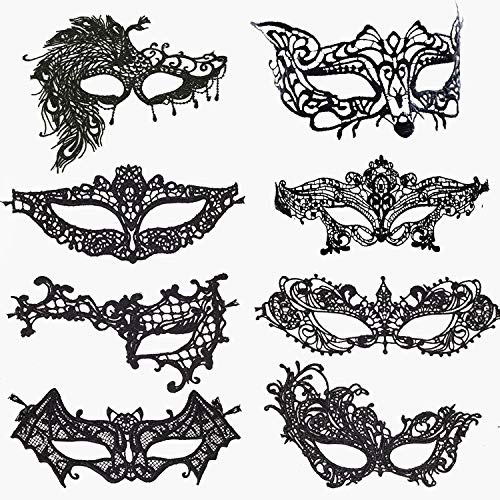 Rmeet Maschere Veneziane,Maschera di Pizzo Donna 8 Pack Maschera per Gli Occhi con Bande Elastiche per Chirismas Halloween Partito Masquerade Ball Nero