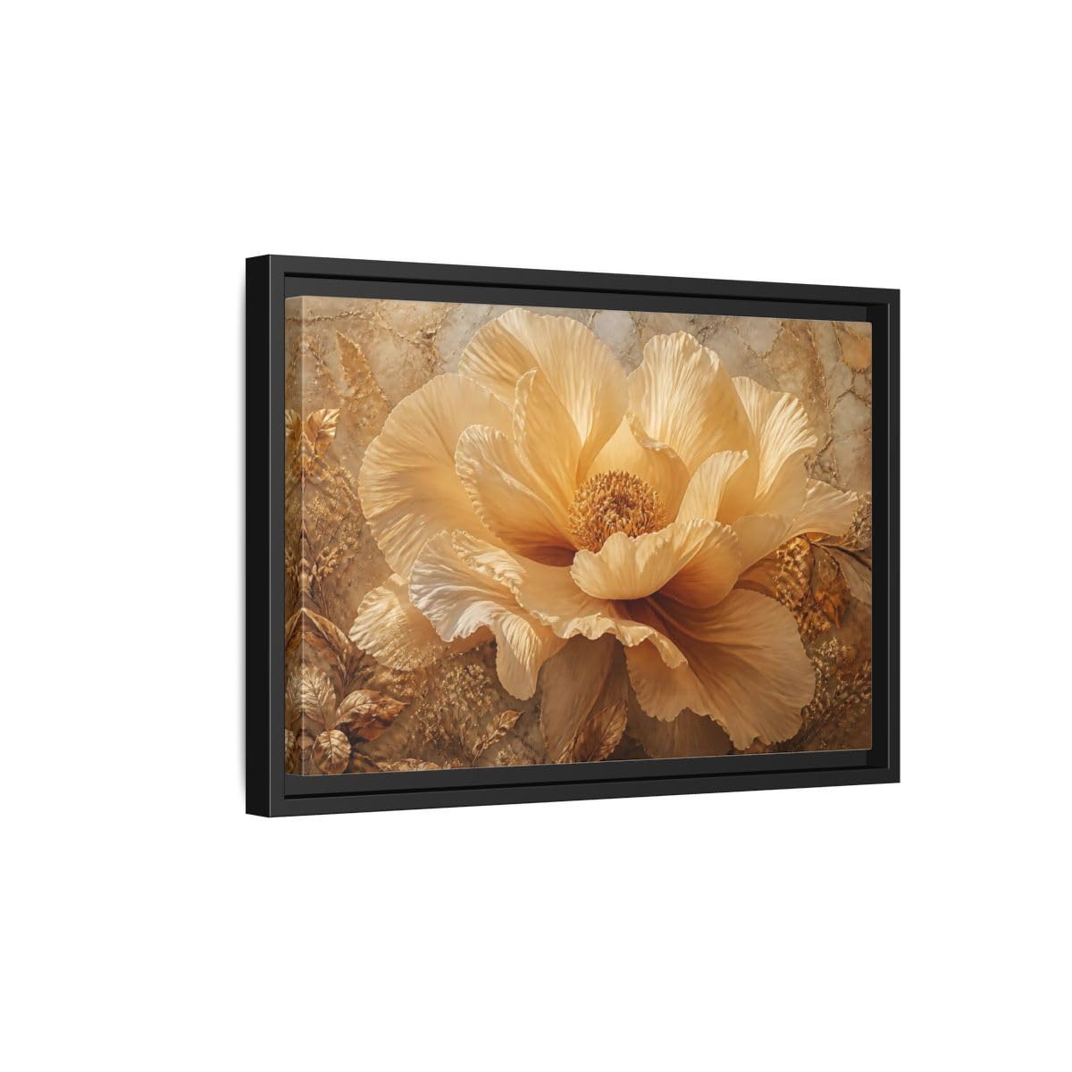 Gilded Champagne Bloom Framed Canvas Print – Living Room, Above Fireplace, Gold 18×12 inch (45×30 cm) - Horizontal/Black / 1.25 inch (3 cm)