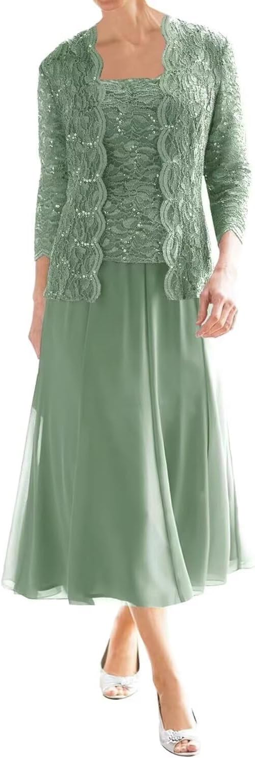 2 Piece Mother of the Bride Dresses for Wedding Tea Length Sequin Chiffon Grandmother of the Bride Dresses with Jackets