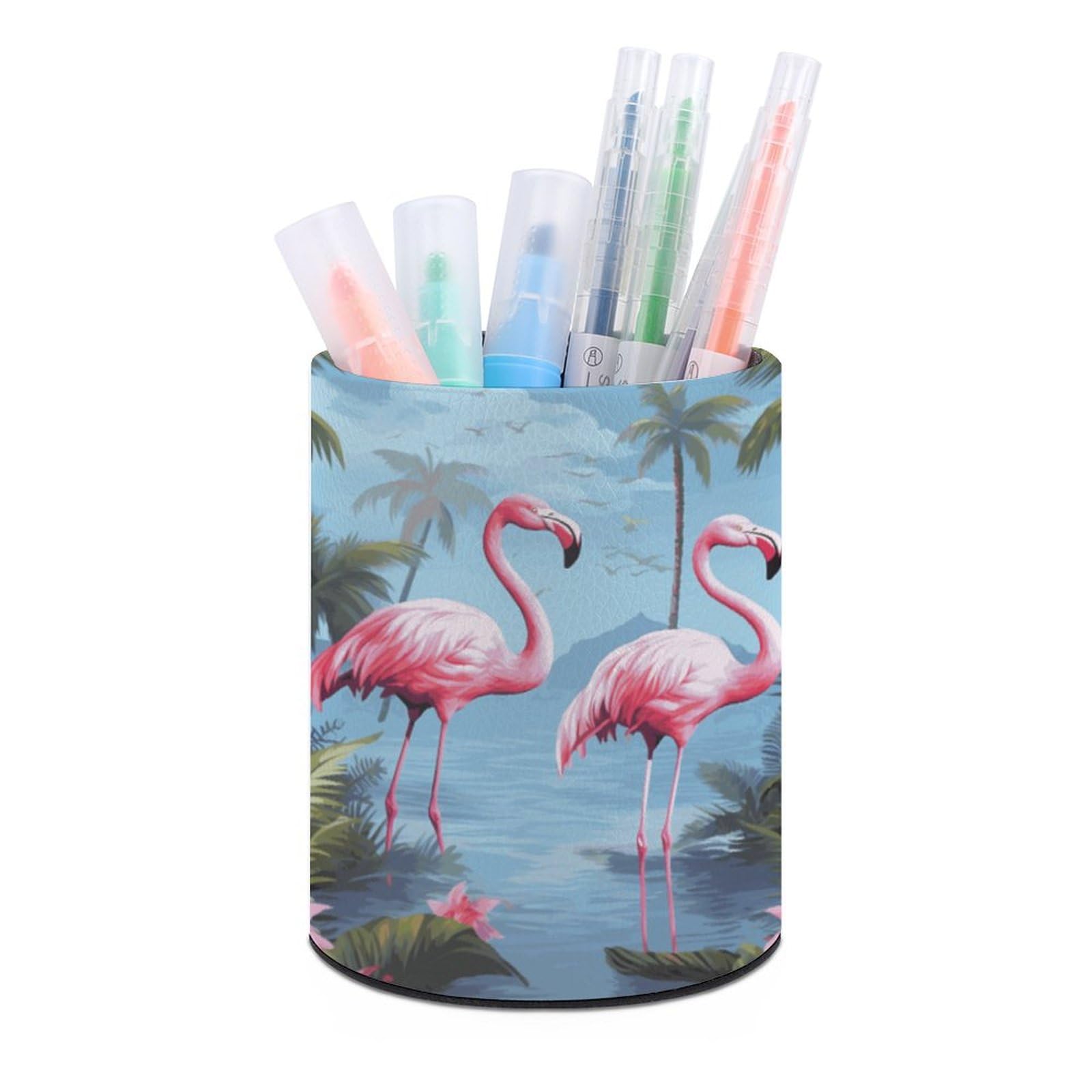 JTREHY - Round Pen Holder, Tropical Flamingo Design Storage Box for Home, Office, Dresser