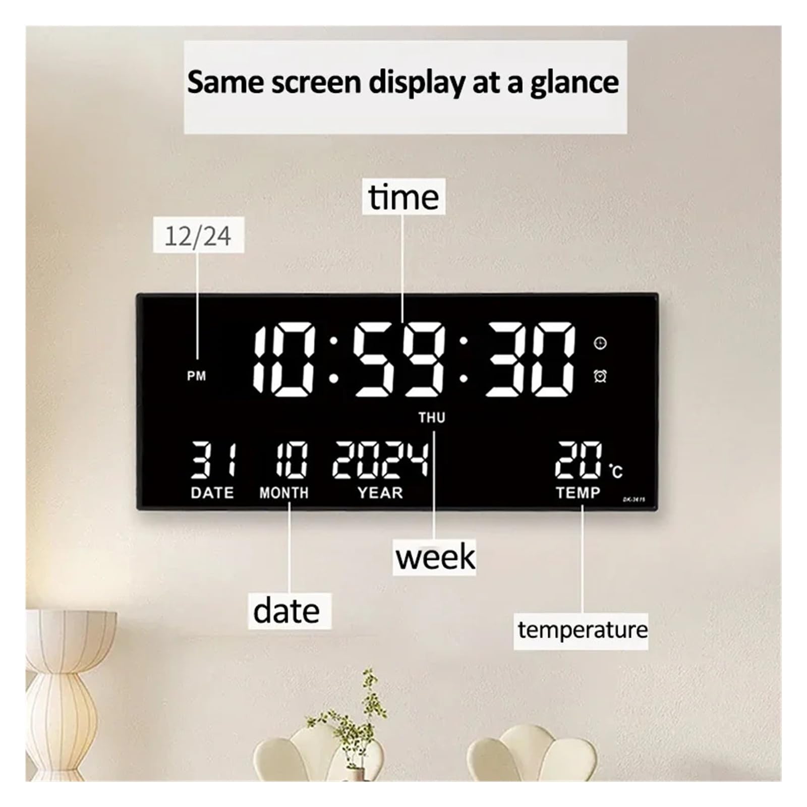 Orologio da parete digitale grande, temperatura, data, calendario, display, 8 set di allarme, orologio elettronico a LED da 14 pollici Display luminoso(Red)