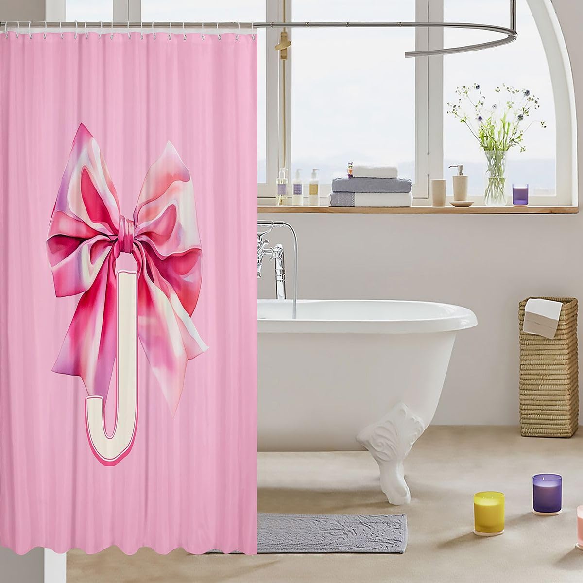 jejeloiu Bowknot Shower Curtains Pink Bow Bathroom Curtain for Kids Women Men Personalized Letter J Bathroom Accessories Waterproof Polyester Fabric for Stalls Bathtubs 72"x72" image 3